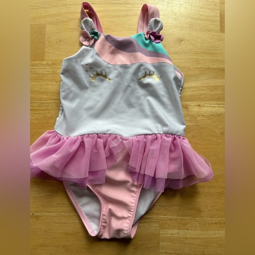 Cat & Jack girls one piece swimsuit girls  2t unicorn tutu pink white